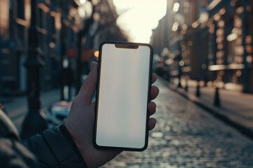 Close up hand holding a smartphone with city street background, mockup mobile phone screen.