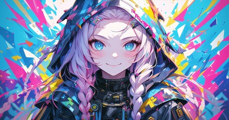 Wall Mural - A cute anime girl with white hair and blue eyes, wearing an oversized hoodie with colorful patterns on it. She has long pink braids that fall to her shoulders