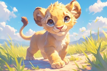 Wall Mural - A cute baby lion cub playing in the savannah