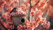 Serene bird on blossoming tree with birdhouse