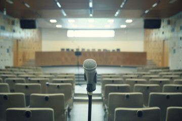 Wall Mural - The microphone in a seminar room catches the light awaiting the next speaker on economic reform