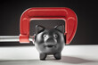 Piggy bank squeezed with red clamp financial problems