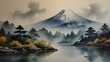Japanese Waterscape Watercolor Painting for Wall Art & Cultural Designs,Japanese art, traditional painting, scenic beauty, rural landscape, artistic depiction