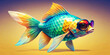 It depicts a brightly coloured, stylised fish against a warm background with colour transitions. Its exaggerated features, such as oversized eyes and bright, multicoloured scales, are whimsical.AI gen