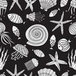  Cute black seamless pattern with jellyfish, shells, fish, starfish and seaweed.