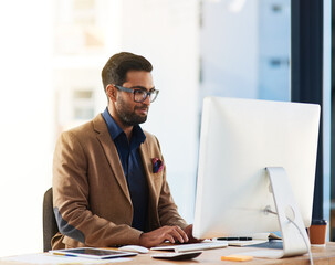 Poster - Thinking, business and man with computer, internet and online reading with journalist, planning and website info. Person, employee or magazine editor with pc, smile and opportunity with copywriting