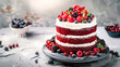 Red Velvet cake with a bright white cream texture, adorned with berries. Holiday desserts.