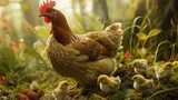 Fototapeta Kwiaty - hen with chicks around generative ai