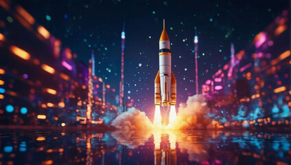 Wall Mural - Futuristic Liftoff, Illustration of Rocket Launch, Reflecting Startup Concept Amid Neon Lights