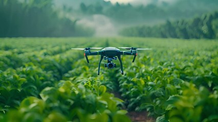 Poster - Drone in focus flying low over lush farmland in the early morning light.