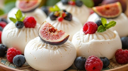 Wall Mural -   A plate of desserts with figurines, berries, and blueberries in close-up