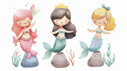 Wall Mural - Three cute mermaids with long hair, colorful watercolor cartoon character.