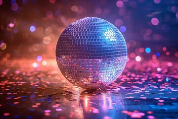 Poster - Up-close image of a disco ball sparkling amongst colorful confetti, creating a party atmosphere