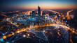© xKas - Global Communication, City Backdrop with Interconnected Nodes Symbolizing Worldwide Network Technology