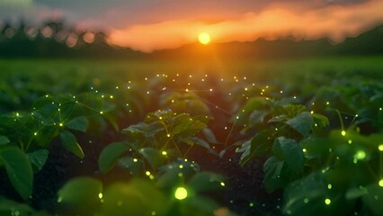 Poster - A field of plants bathed in the warm glow of the setting sun in the background.