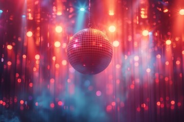 Poster - A mesmerizing disco ball hangs amidst shimmering red bokeh lights, exuding a party atmosphere
