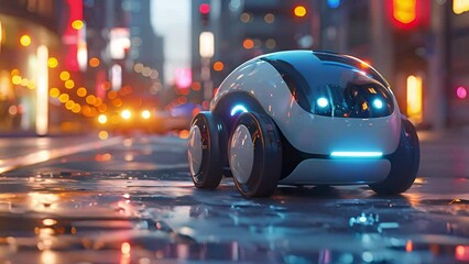 Aufkleber - A sleek self-driving car glides through a citys vibrant nightlife.