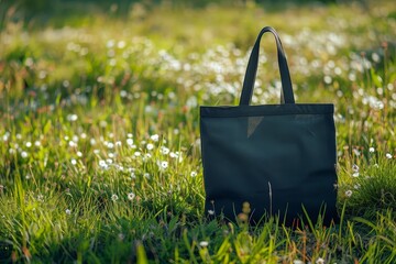 Mockup of a black tote bag laying on grass, Black cotton or mesh eco bag on green grass.