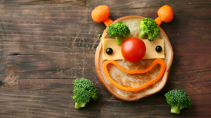 Wall Mural - vegetables arranged to form a smiling face ,A happy clown made of fruits and vegetables ,Vegetable Facial ,Flat lay of smiley block mock up with onion and herbal on wood background