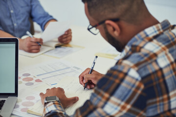 Aufkleber - Startup, teamwork or people in meeting writing for paperwork, review or partnership with ideas or notes. Documents, staff or designers speaking of agenda or planning in conversation for project brief