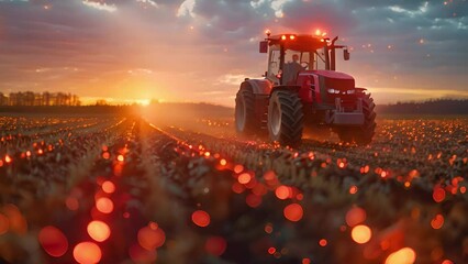 Poster - A tractor at work in a field as the sun sets in the background, creating a beautiful rural scene.