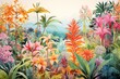 Tropical forest, vivid trees, plants and flowers, watercolor illustration
