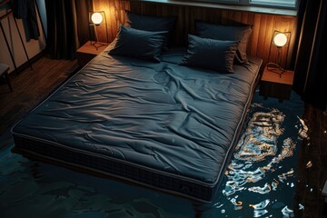 Poster - A bed placed in a room next to a window. Suitable for interior design concepts