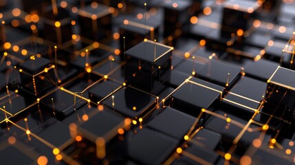 Poster - A collection of black and gold cubes on a sleek black surface. Ideal for modern and luxury design concepts