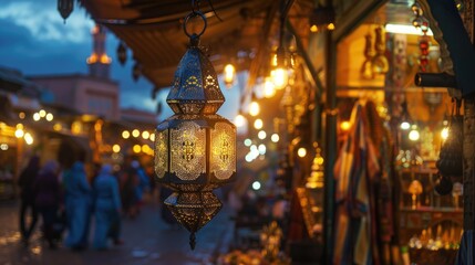 Poster - A lantern hanging from the ceiling in a market. Suitable for interior design concepts