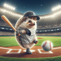 Wall Mural - Hedgehog baseball player hits the ball with a bat
