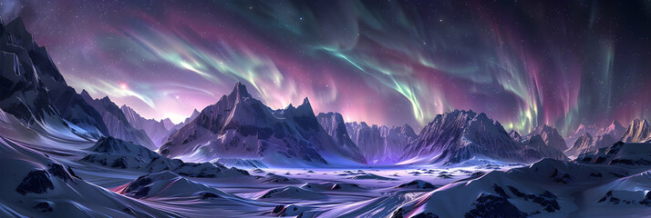 Wall Mural - A panoramic view of the magnetosphere disturbances causing a spectacular aurora borealis over a snowy mountain range