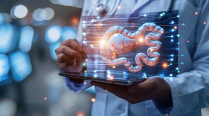 Poster - A person in a lab coat holding a tablet, suitable for science and technology concepts