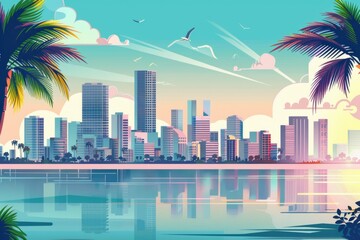 Aufkleber - Urban landscape with tropical palm trees, suitable for travel and city life concepts
