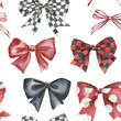Watercolor seamless pattern with red bows. Hand drawn illustration on white background