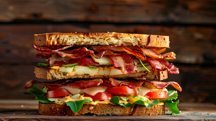 Wall Mural - Sandwich with beef, cheese, and vegetables on a wooden background ,Tasty bacon sandwich with cheese and vegetables on a wooden table