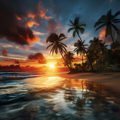 Sticker - Tropical beach at sunset with palm trees.