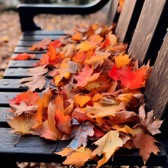 Poster - Vibrant autumn leaves scattered on a park bench. 