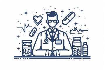 Poster - A man in a lab coat sitting at a desk. Suitable for science and education concepts