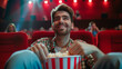 close up portrait of a young happy man in a movie theatre with a popcorn bucket, movie poster style advertising composition, cinematic light