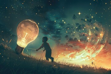 Poster - A person holding a light bulb in a field. Suitable for innovation and creativity concepts
