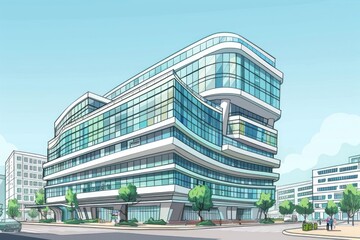Wall Mural - A drawing of a modern office building in a bustling city. Suitable for business and urban concepts