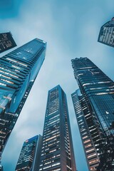 Poster - Urban cityscape with tall buildings illuminated at night, suitable for backgrounds or city themes