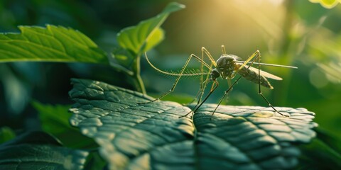 Aufkleber - A mosquito perched on a vibrant green leaf. Suitable for nature and wildlife themes