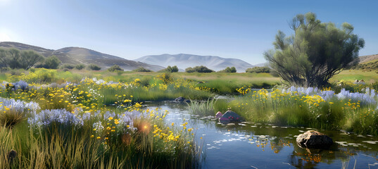 Wall Mural - A peaceful creek in a grassy meadow, with wildflowers blooming along the banks under a clear blue sky