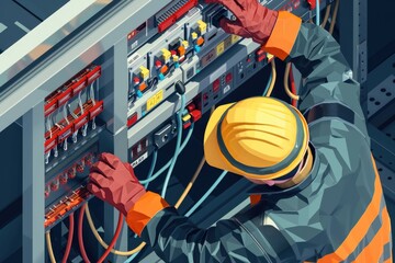 Wall Mural - A man in a hard hat working on an electrical panel. Useful for industrial and construction concepts