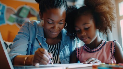 Poster - A woman and a young girl collaborating on a laptop. Suitable for educational or business concepts