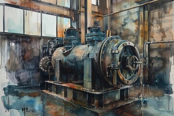 Aufkleber - Detailed watercolor painting of a large industrial machine, suitable for engineering or manufacturing concepts