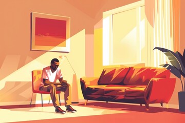 Poster - A man seated on a comfortable couch in a cozy living room. Ideal for interior design concepts