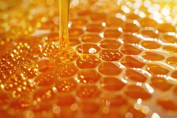 Poster - Close up of honeycomb with liquid pouring out. Great for food or nature concepts