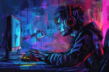 Poster - A man sitting at a computer with headphones on, perfect for technology and music concepts